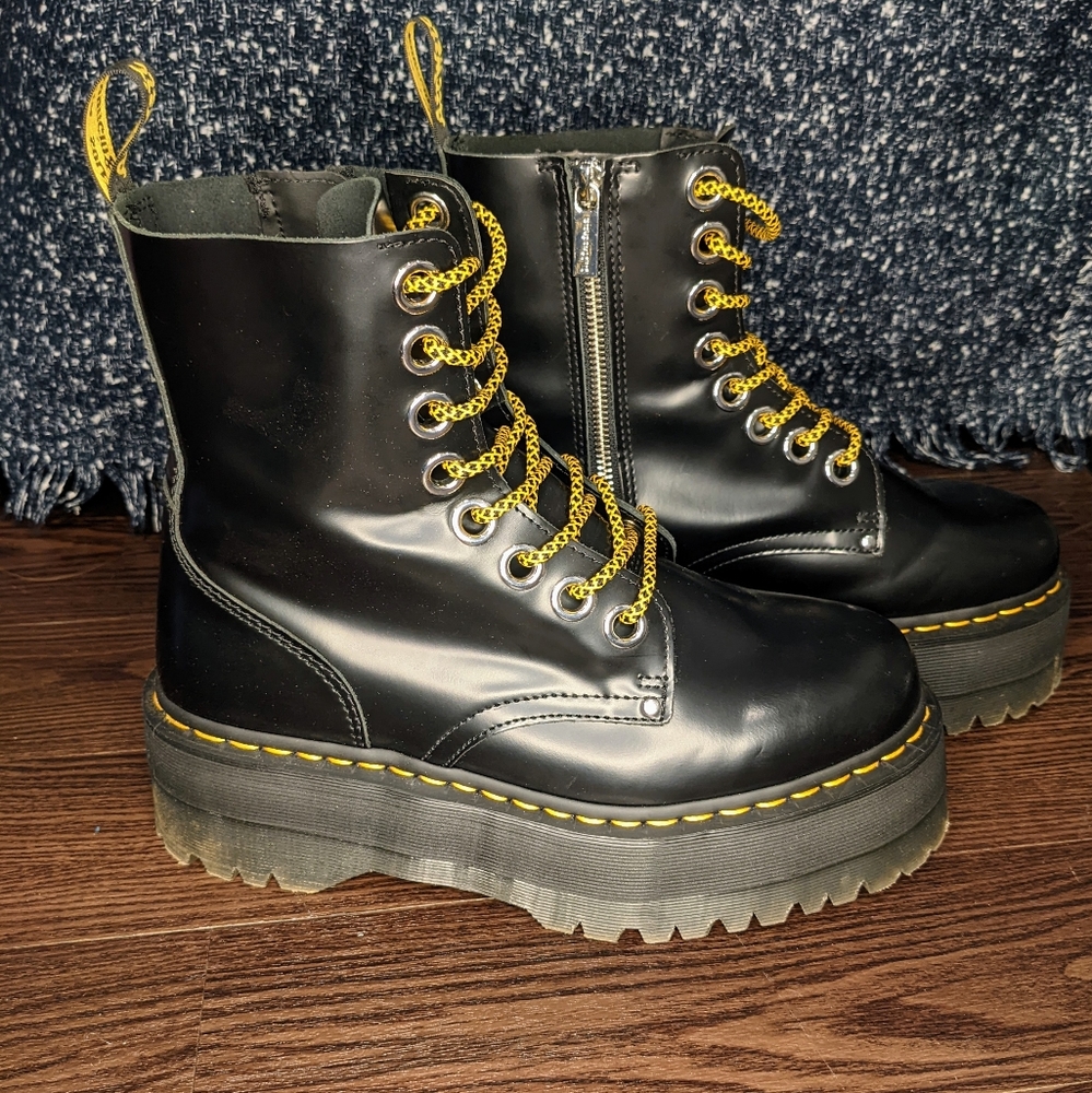 Dr. Martens Black Leather Platform Combat Boots with Yellow Accents